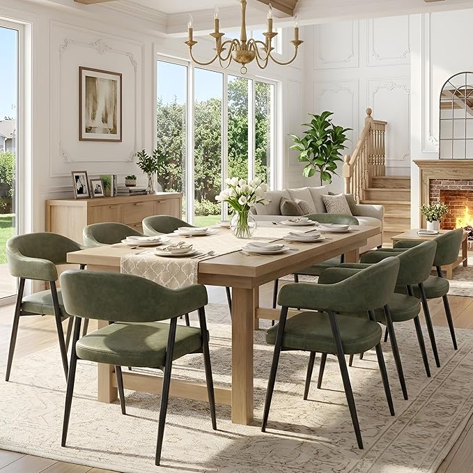 HNY Modern Dining Room Arm Chairs Set of 6, Green Retro Faux Leather Upholstered Barrel Dining Chairs with Arms Mid-Century Accent Chair with Metal Legs, Open-Back Kitchen Side Chairs for Living Room