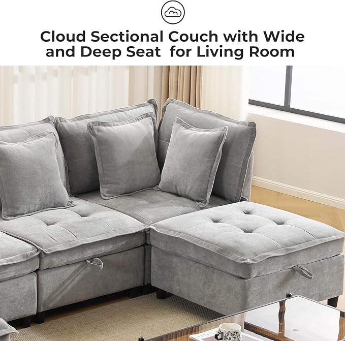 133" U-Shaped Modern Sofa, Modular Sectional Cloud Couch with 2 Ottoman, Oversized Modular Sectional Sofa with Storage Ottoman, 6-Seat Chenille Deep Seat Sofa with 6 Pillows for Living Room, Grey