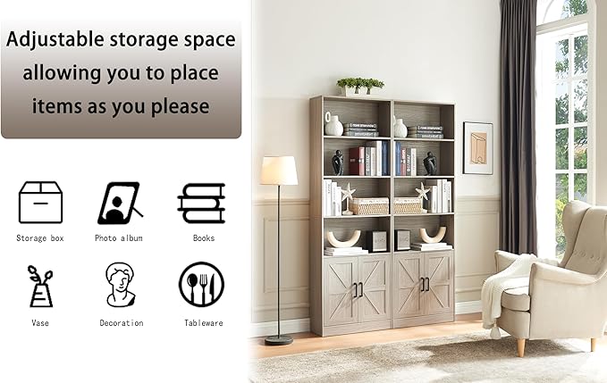 70in Tall Bookshelf 6 Tier Bookcase with Barn Doors and Adjustable Shelf, Oak Grey Farmhouse Book Shelves with Storage Cabinet, Wood Floor Standing Display Bookshelve for Bedroom, Living Room