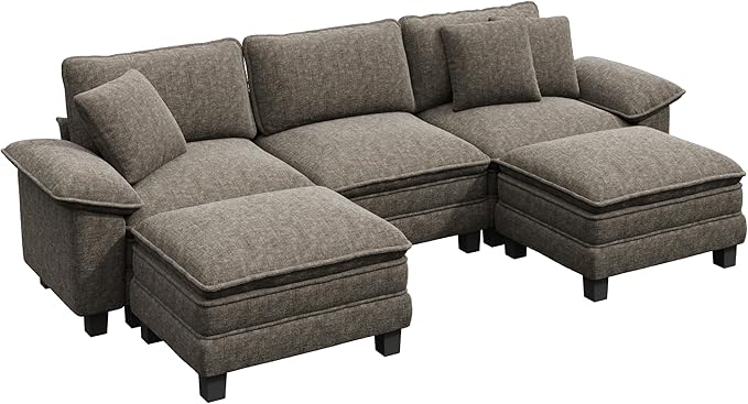 PHI VILLA Cloud Modular Couch Sets, 123.6" Sectional Sofa with U-Shaped Chaise, 5-Seater Couches with 2 Movable Ottomans for Living Room, Chenille Fabric, Smoky Grey