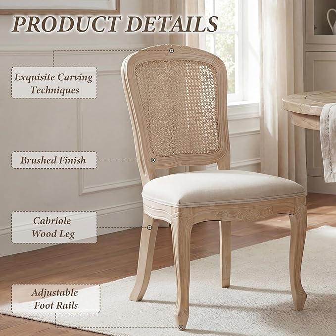 Wicker Dining Chairs Set of 4, Upholstered Linen Fabric Dining Room Chairs with Square High Rattan Back Farmhouse French Kitchen Chairs for Dining Table/Living Room/Restaurant, White