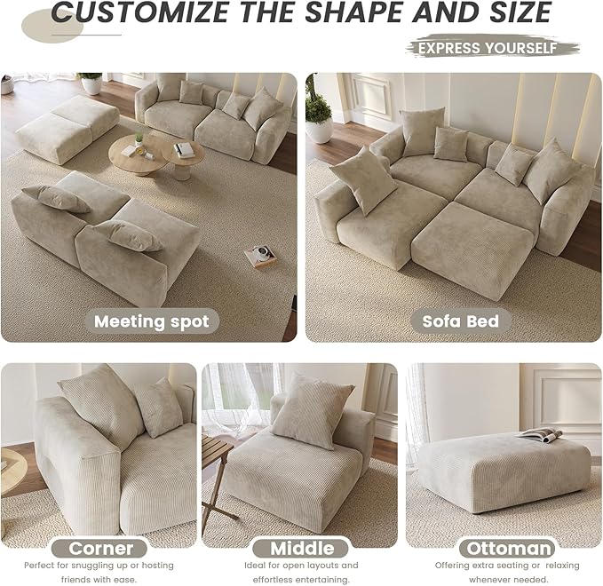 Oversized Modular Sectional Sofa with Ottomans,5 Seater Corduroy V Shaped Reversible Corner Couch,141.73" Convertible Sofa & Couch Free Combination for Living Rooom,Beige
