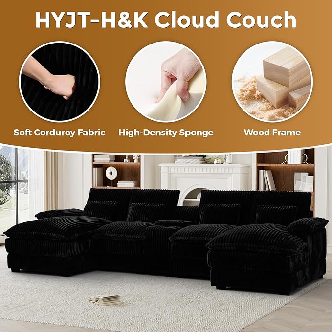 HYJT-H&K 124" U Shaped Cloud Couch Sectional, Comfy Fluffy Plush Corduroy Dark Black Sectional Couches for Living Room, Modern Modular Corduroy Couch Sectionals with Central Console & Double Chaise