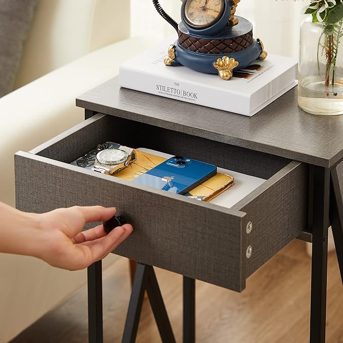 VECELO Tall Nightstand,27.6 inch Wooden End Table with Metal X-Frame,Side Table with Drawer and Storage Shelf for Living Room Bedroom Entryway Small Spaces