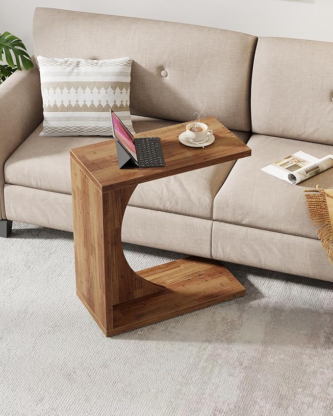 Tribesigns C-Shaped End Table for Couch, Sofa Side Table, C Table for Small Space, Living Room, Bedroom (2, Walnut Brown)