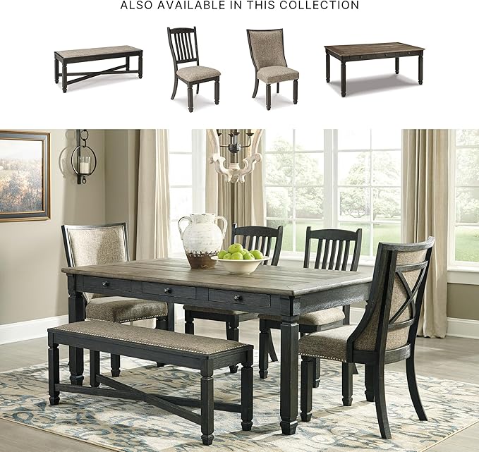 Signature Design by Ashley Tyler Creek Farmhouse Upholstered Dining Room Bench with Tapered Legs, Heavy Woven Fabric, Wood, 19.5" High Seat, Black & Gray