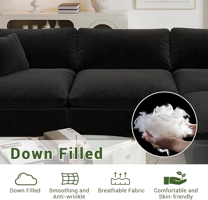 Oversize Cloud Modular Sectional Sofa,110.8" L Shape 3 Seaters with Chaise Down Filled Comfort Sofa Detachable Couch Cushion Covers for Living Room,Black 1