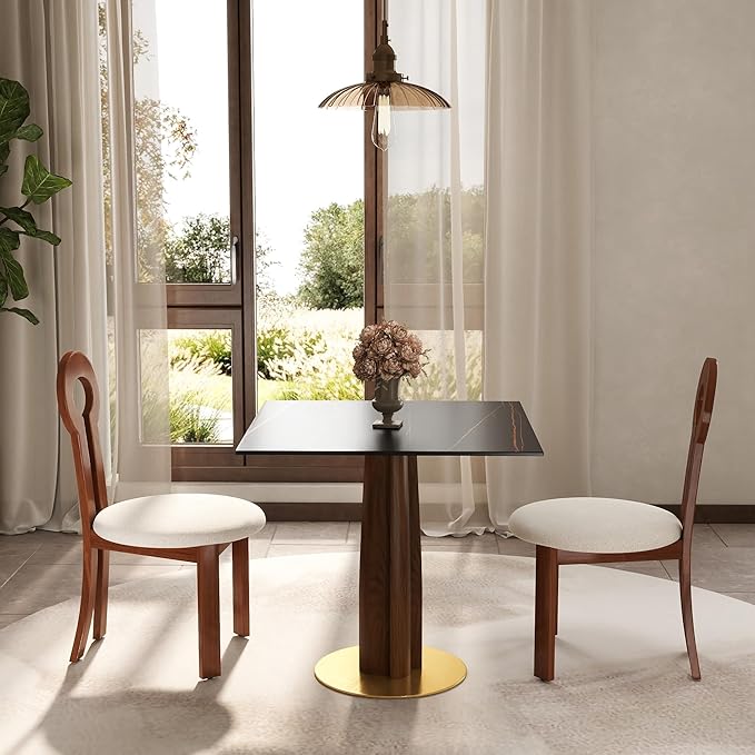 Sintered Stone Square Office Table and Chair Set - Meeting Table for Small Offices (Walnut‌ Leg and Black Top, 1 Table and 2 Chairs)