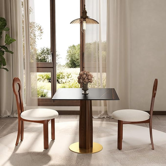 Sintered Stone Square Office Table and Chair Set - Meeting Table for Small Offices (Walnut‌ Leg and Black Top, 1 Table and 2 Chairs)