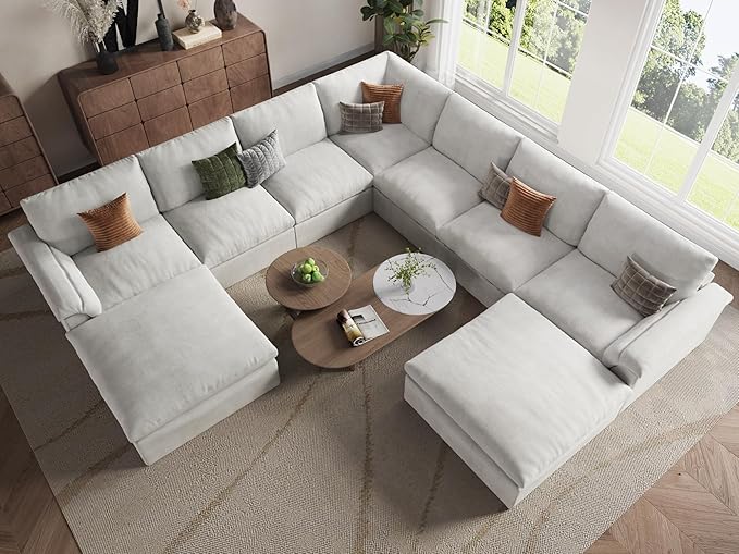 EASE MOOSE Oversized Sectional Cloud Couch, 9-Seat Modular Boneless Sofa Set with Deep Seat, No-Assembly Chenille Sofa for Living Room, White
