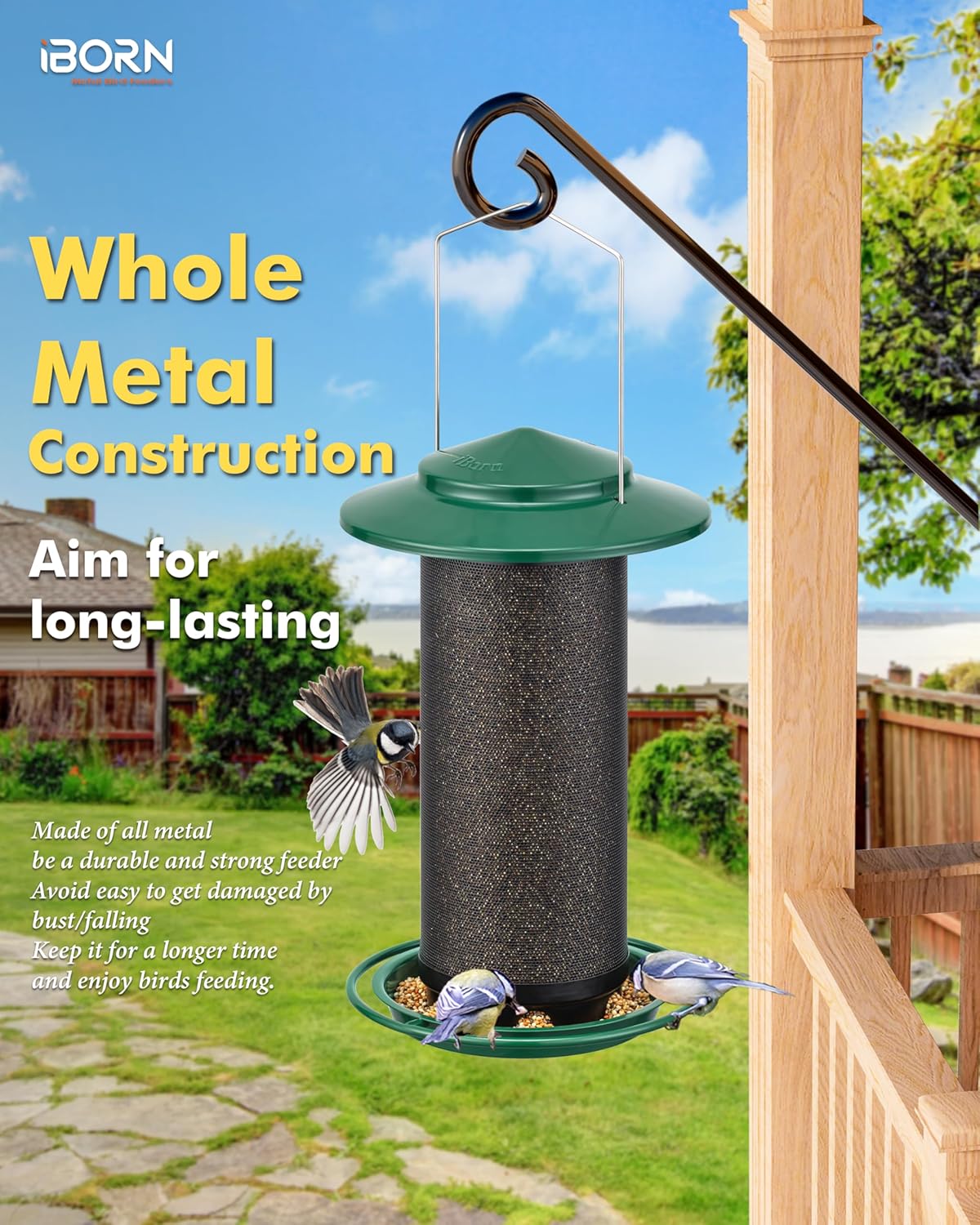 iBorn Bird Feeders for Outdoors, All Metal Mesh Tube, Holding Bird Seed for Outside Feeders,18cm Large Roof, Green, 2.8lb(Seed is not Included)