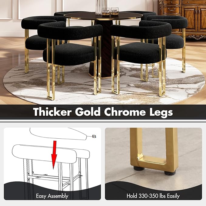 Set of 6 Modern Black Boucle Dining Chairs with Gold Metal Legs, Mid Century Accent Upholstered Barrel Armchairs with Open-Back for Kitchen, Dining Room, Living Room, Apartment