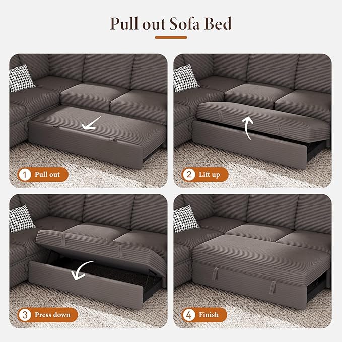 Vesgantti 113.6" Pull Out Sofa Bed with Chaise, 7 Seater U Shaped Sleeper Sofa with Storage Chaise, Corduroy Modular Sectional Couch for Living Room, Bedroom, Apartment, Light Coffee