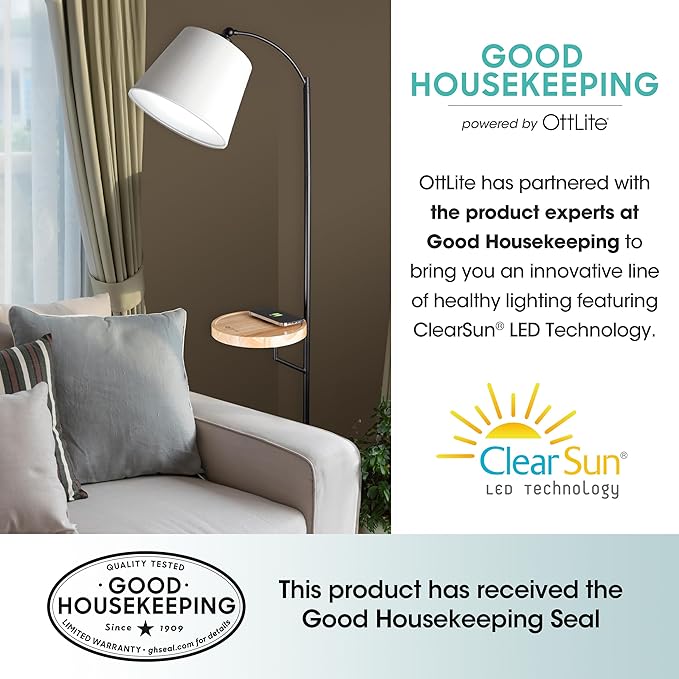 OttLite Good Housekeeping Shaded Modern LED Floor Lamp for Bedroom with Tray, Wireless Charging Table, Designed to Reduce Eyestrain, Adjustable Shade, ClearSun LED Bulb, Reading Light & Studying Lamp