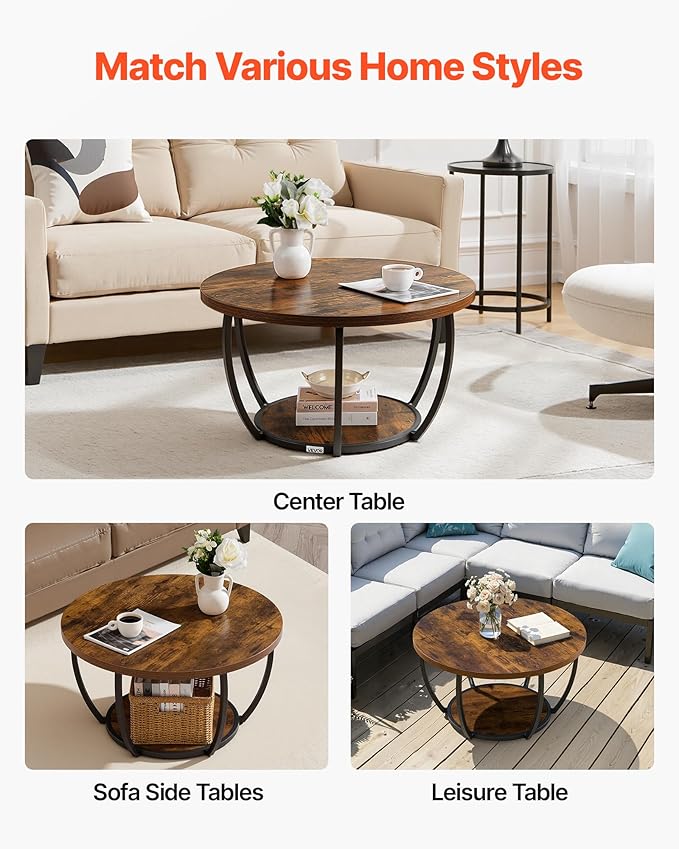 VEVOR Coffee Table, Modern Round Coffee Table, 2 Tiers Wooden Circle Center Desk with Open Storage, Minimalist Sturdy Metal Frame Accent End Desk for Living Room, Office, Easy Assembly, Rustic Brown