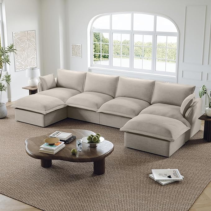 146” Oversized Modular Sectional Sofa, Comfy Down Fill Cloud Couch with Detachable Cover, U Shaped Sectional Couches for Living Room, 4 Seater Modular Couch with 2 Ottomans, Light Gray