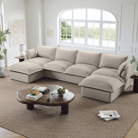 146” Oversized Modular Sectional Sofa, Comfy Down Fill Cloud Couch with Detachable Cover, U Shaped Sectional Couches for Living Room, 4 Seater Modular Couch with 2 Ottomans, Light Gray
