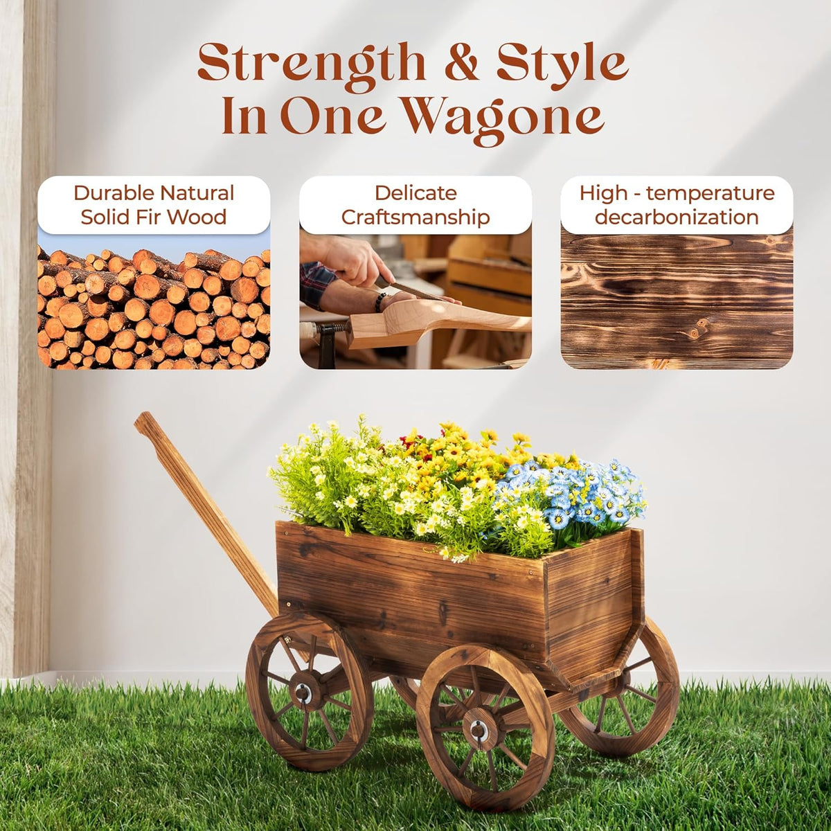 Wood Wagon Planter for Outdoor Balcony Decor - Garden Rustic Wooden Flower Cart with Wheels for Outside - Garden Decor - Amish Decorative Indoor - Wheelbarrow Planter for Patio