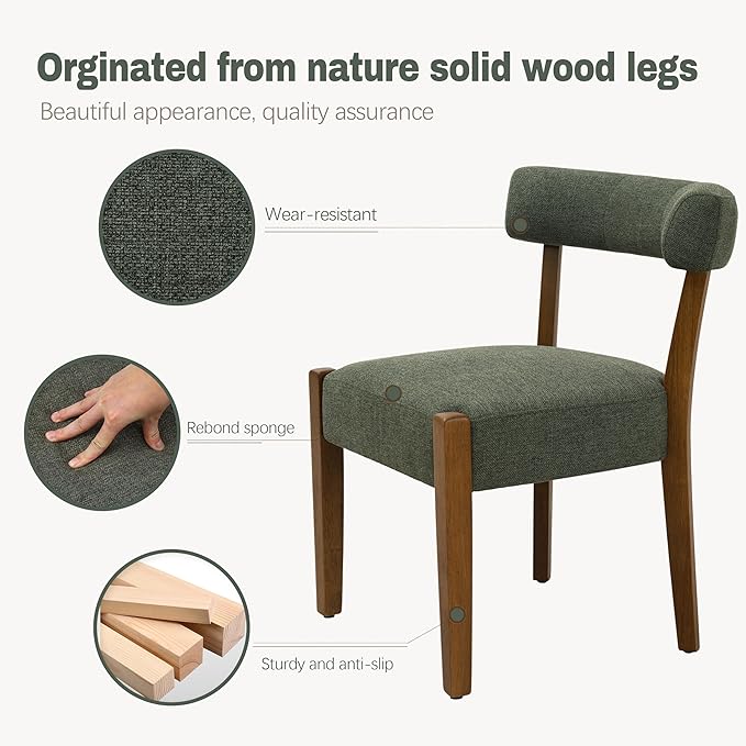 Modern Green Dining Chairs Set of 8, Walnut Upholstered Kitchen & Dining Room Chairs, Mid Century Modern Wooden Dining Chairs Oversized Sturdy Fabric Rounded Chairs Curved Back