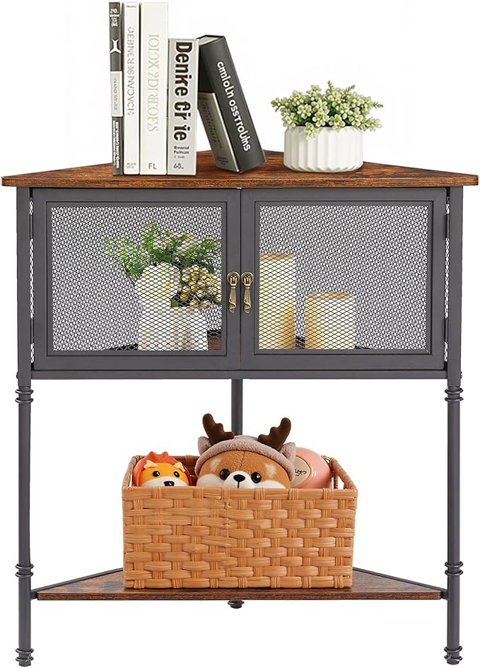 VECELO 3 Tier Corner Shelf,Corner Table with Mesh Door and Open-Shelf,Corner Cabinet Stand,Metal Frame Organizer Display Storage Shelves for Bedroom,Living Room,Kitchen,Bathroom