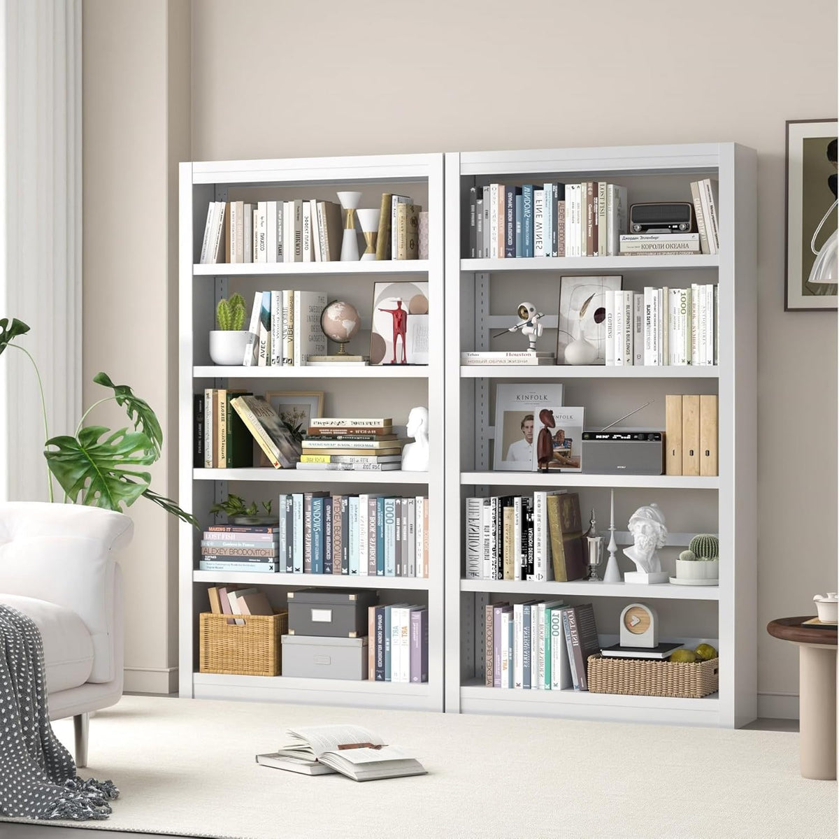 Metal Bookshelf Adjustable - 61" Tall White Bookcase, 5 Tier Book Shelf, Tooless Assembly Book Case, Modern Bookshelves and Bookcases for Home Office, Living Room, Bedroom, Study, Library