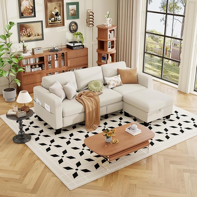 ZeeFu Sectional and Sofa Couches for Living Room - 78'' 3 Seater L-Shaped Modular Couch with Storage Ottoman - Modern Linen Fabric Upholstered Sofa Set for Small Space Apartment Office