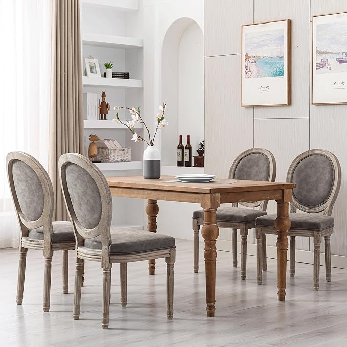 Farmhouse Dining Chairs Set of 6 Faux Leather Kitchen Chairs with Wood Legs French Country Host Side Chairs for Dining Room/Restaurant, PU Grey