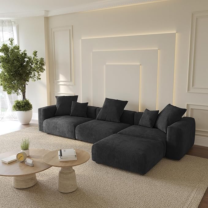 WJShome Cloud Couch Modular Sectional Sofa,141.73inch L Shaped Couch,Oversized Corduroy Couches with Ottoman and Pillows, Black 4 Seaters Cushion Covers Removable& Washable