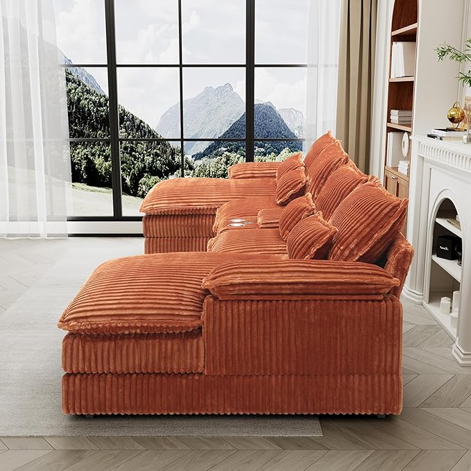 HYJT-H&K 124" U Shaped Cloud Couch Sectional, Comfy Fluffy Plush Corduroy Orange Sectional Couches for Living Room, Modern Modular Corduroy Couch Sectionals with Central Console & Double Chaise