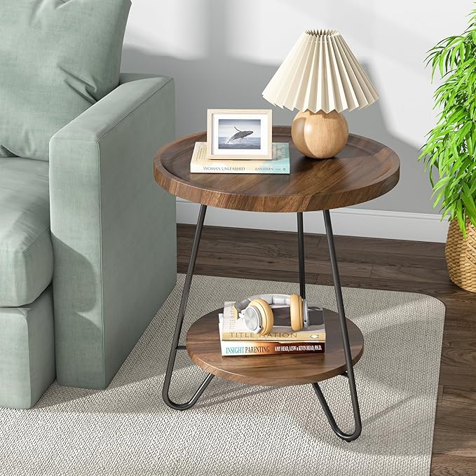 Tribesigns Set of 2 Round Side Table, 2-Tier End Table with Metal Legs, Modern Industrial Beside Table, Small Accent Table Snack Table for Living Room, Bedroom, Small Space, Brown