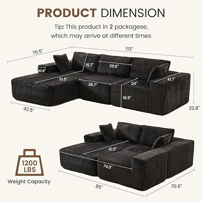 Apicizon 113" Sectional Sofa Couch for Living Room, 3 Seat Boneless Sofa with Chaise Longue, L-Shape Modular Sectional Couches with Deep Seat for Apartment，No Assembly Required (Stripe Corduroy Black)