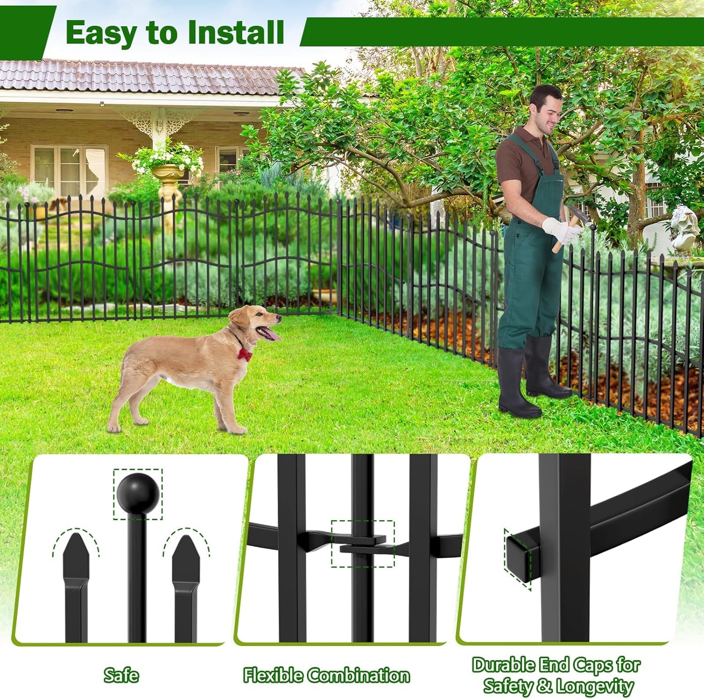 20 Panels Tall No Dig Garden Fence - 32in H x 45ft L 19 Panels + 1 Gate, Reinforced Square Tube Rustproof Animal Barrier, Decorative Metal Fencing for Yard & Outdoor Dog Pet Play Areas