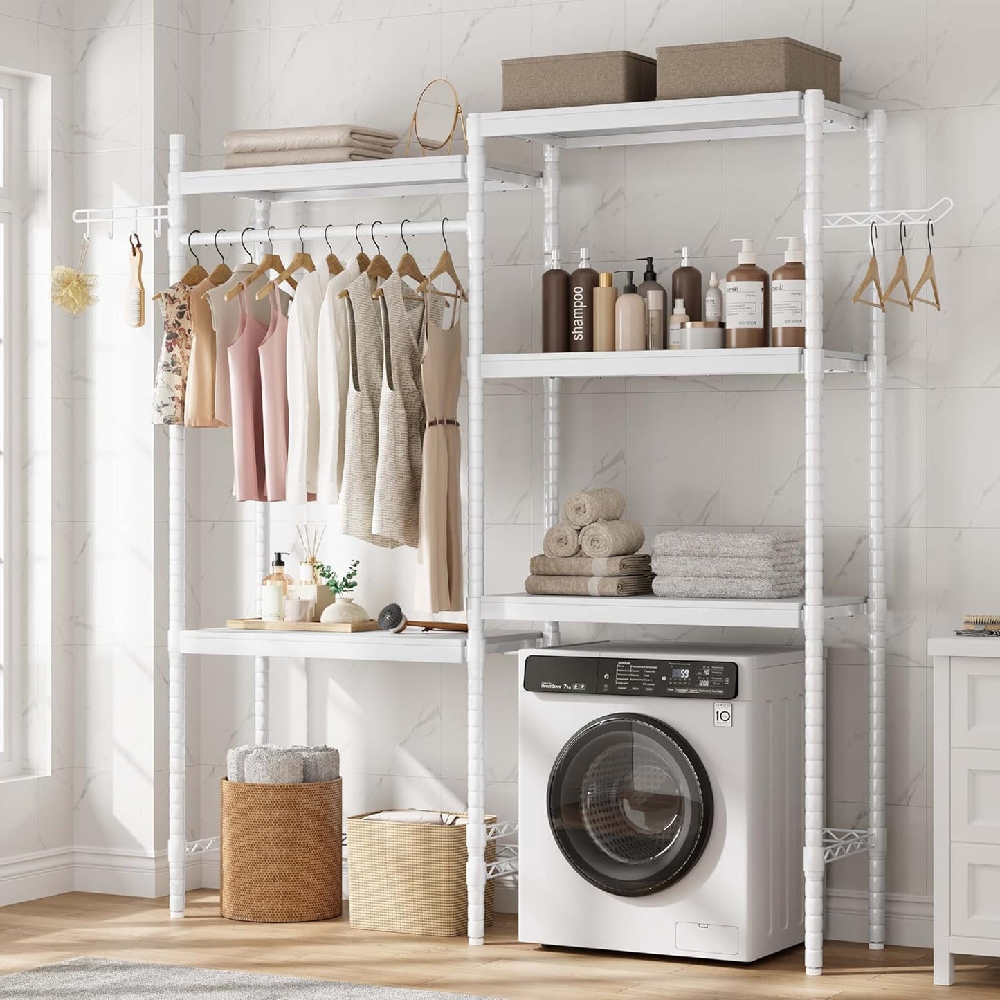 5-Tier Over-The-Washer Shelf - Adjustable 28" Laundry Organizer with 100lb Double Wood Shelves, Space-Saving Storage Unit for Small Homes (White)