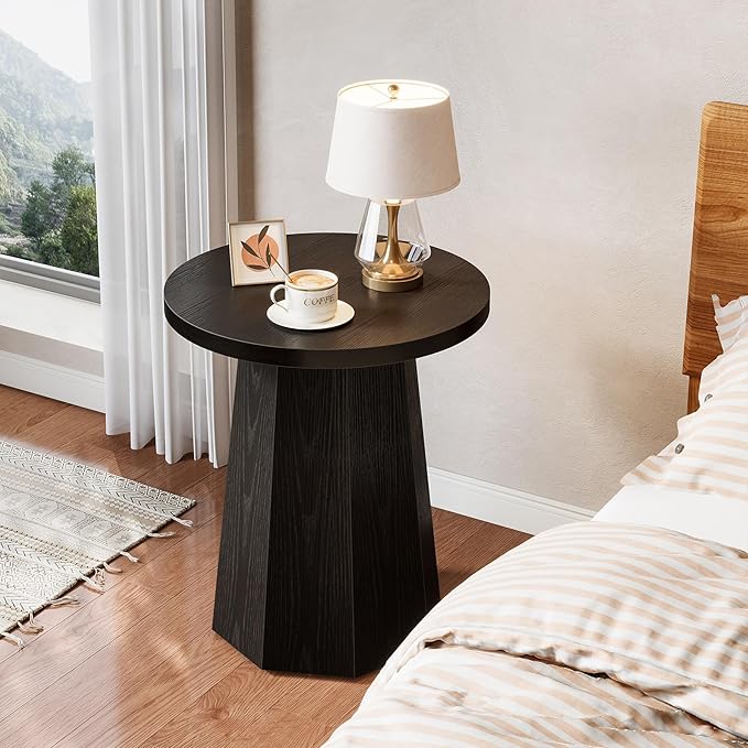 Tribesigns Farmhouse Round End Table Set of 2, Wooden Couch Side Table with Octagonal Base, Black Nightstand Pedestal Accent Furniture for Living Room, Bedroom (2)