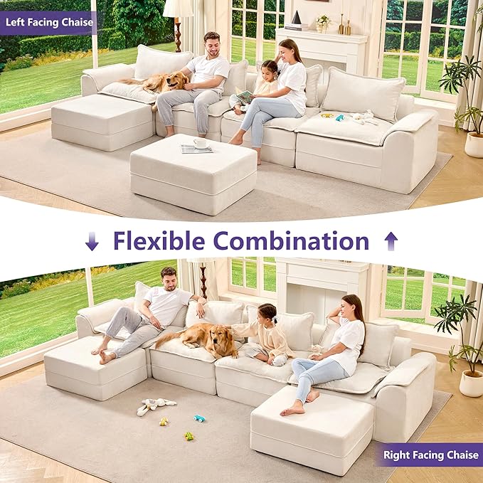 Hobestluk 152" Cloud Modular Sectional Couch 4-Seater Sofa with Ottomans U Shaped Couch Deep Seat Sofa with Removable Cover for Living Room (Beige, 4-Seater Sofa with Two Ottomans)