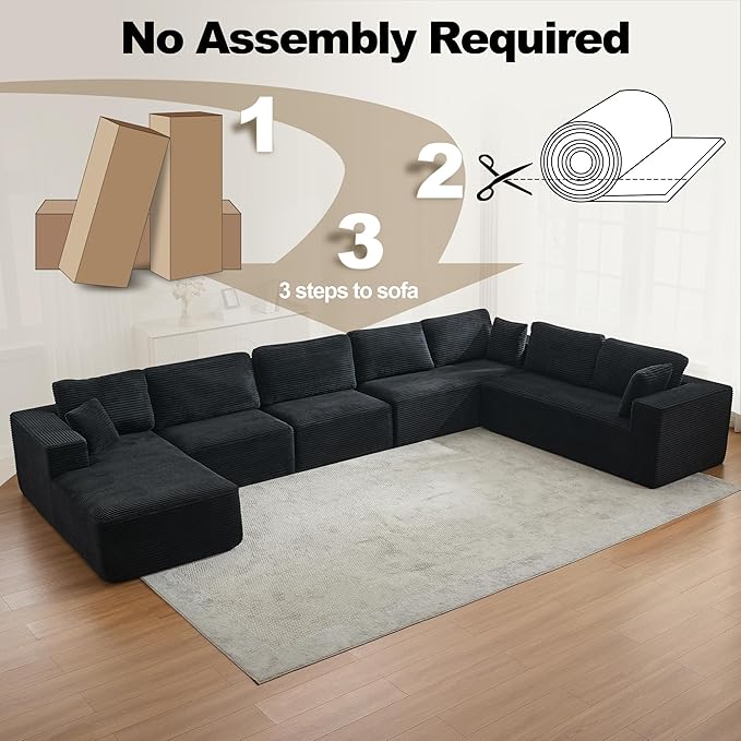 Modular Sectional Cloud Couch for Living Room,Modern Boneless Couche Set with Plush Corduroy,Comfy Floor Sofa with Memory Foam,Stupendous U Shaped Sofa with Chaise,No Assembly Required,Black