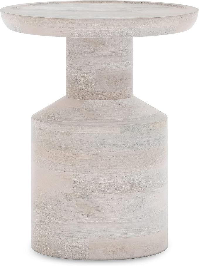 SIMPLIHOME Haynes End Table - 16 inch Wide Solid Mango Wood Round Accent Table with Sculptural Pedestal Base in White Wash, Boho Nightstand or Lamp Stand for Living Room or Bedroom, Assembled