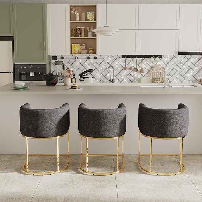 Contemporary Linen Bar Stools Set of 2, 24" Upholstered Fabric Counter Height Barstools Kitchen Counter Island Stools with Golden Metal Base, Charcoal