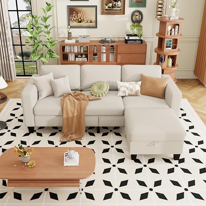 ZeeFu Sectional and Sofa Couches for Living Room - 78'' 3 Seater L-Shaped Modular Couch with Storage Ottoman - Modern Linen Fabric Upholstered Sofa Set for Small Space Apartment Office