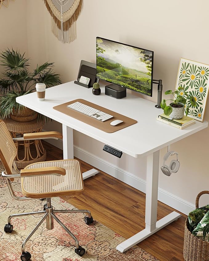 FEZIBO One-Piece Standing Desk Adjustable Height Stand up Home Office Desk, 55x24 Inch Electric Standing Computer Desk, with 4 Memory Presets, Headphone Hook, White