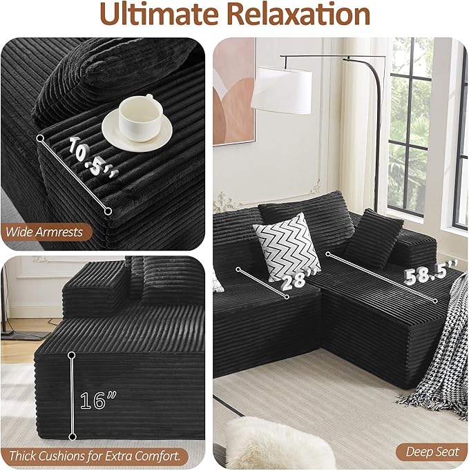 110" Boneless Sectional Couch with Chaise Lounge, Cloud Couch Compressed Sofa L Shape, No Assembly Memory Foam Sofa for Living Room, Black Corduroy