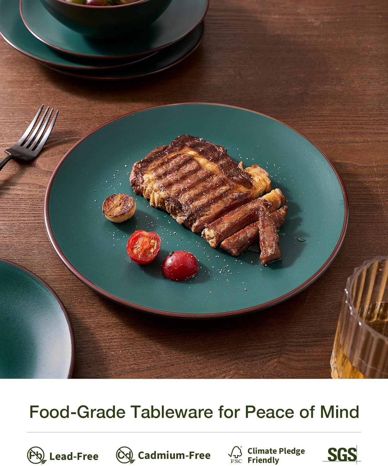 Famiware Venus Plates and Bowls Sets, 12 Pieces Stoneware Speckled Dinnerware Sets, Dishes Set for 4, Microwave and Dishwasher Safe, Matte Dark Green