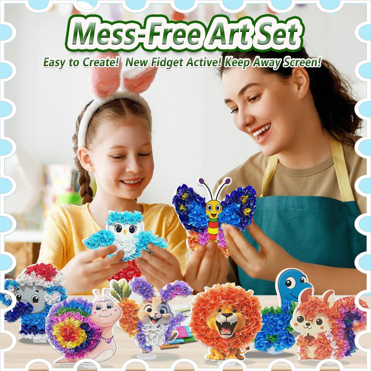 mom&myaboys Poke A Dot Art Kit - Animals Theme with Snail, Lion, Owl, Squirrel, Butterfly | No-Mess Sewing Craft for Kids Ages 4-8 | Creative Toys for Girls & Boys | Fun Gift for Birthday, Christmas