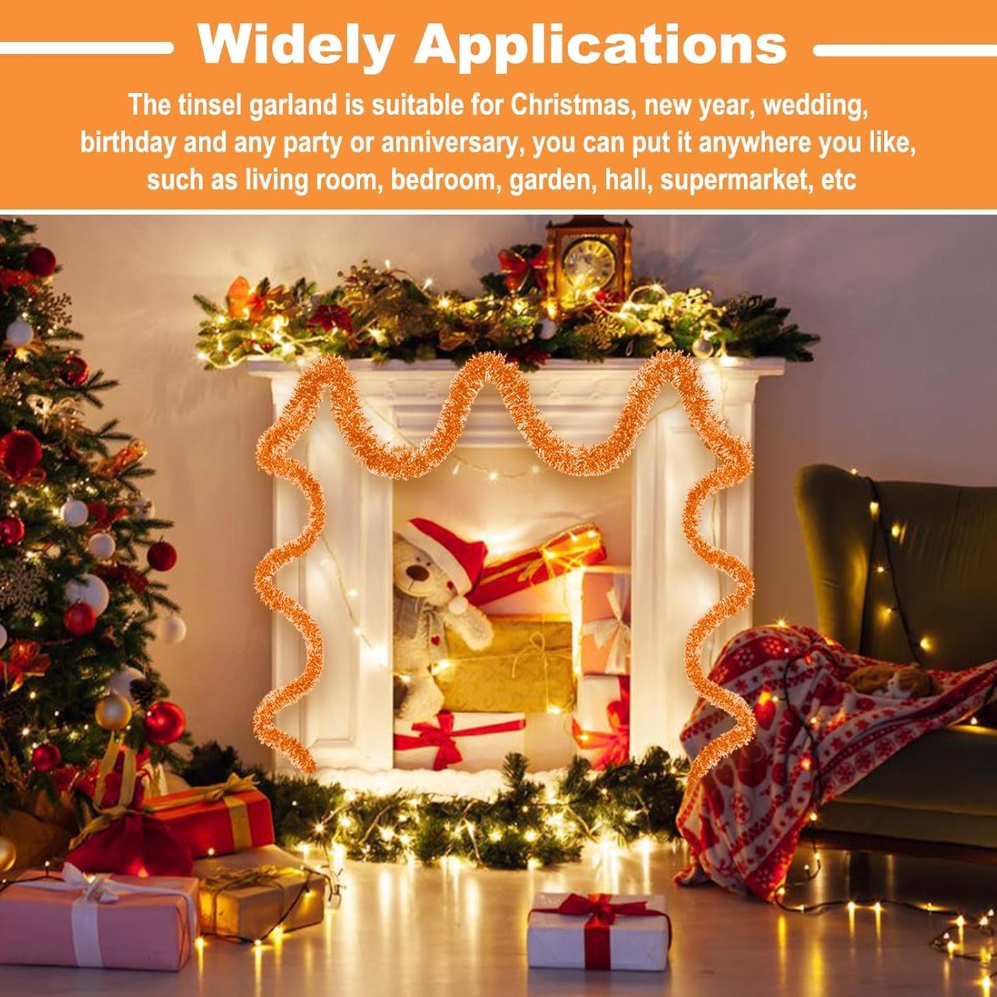 Macaron Metallic Twist Tinsel Garland - 25ft Wall Hanging Backdrop for Christmas, New Year & Valentine's Day Parties (Orange, 4in x 25ft)