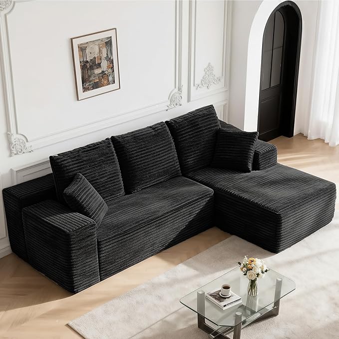 107" Boneless Couches for Living Room, Modular Cloud Sectional Couches L Shaped Sofa with Oversized Chaise Comfy Corduroy Home Sofa (Black, Right Facing Chaise)
