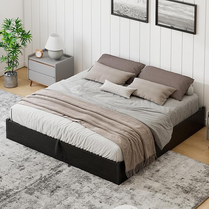 Lift Up Storage Bed Frame, King Size Wooden Platform Bed with Large Storage Underneath, No Box Spring Needed, Noise Free, Black