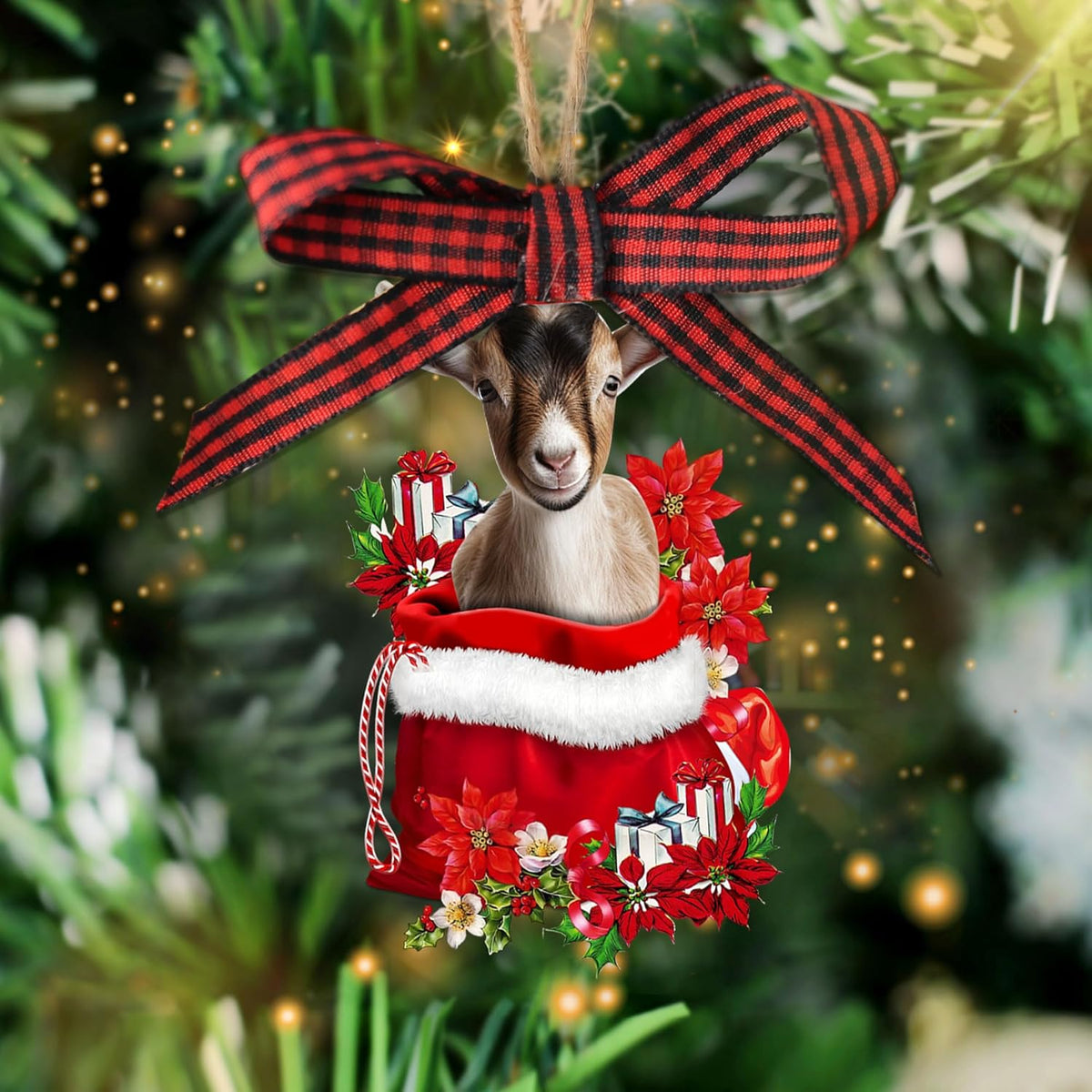 Talataca Goat 2D Flat Wooden Christmas Ornament, Goat Farm Animal in Red Santa Gift Bag Pine Tree Decor, Hanging House Charm Eve Keepsake, Wood Car Mirror Accessories, Xmas Gift