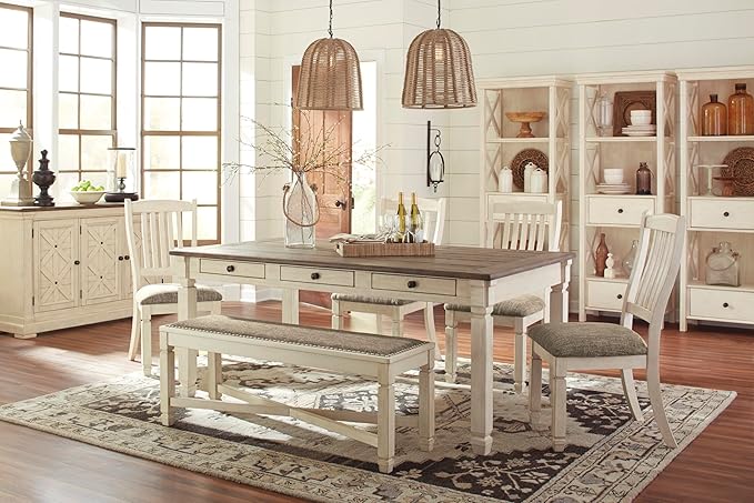 Signature Design by Ashley Bolanburg Casual French Country Upholstered Dining Room Bench with Nailhead Trim, Heavy Woven Fabric, Wood, Antique White & Tan