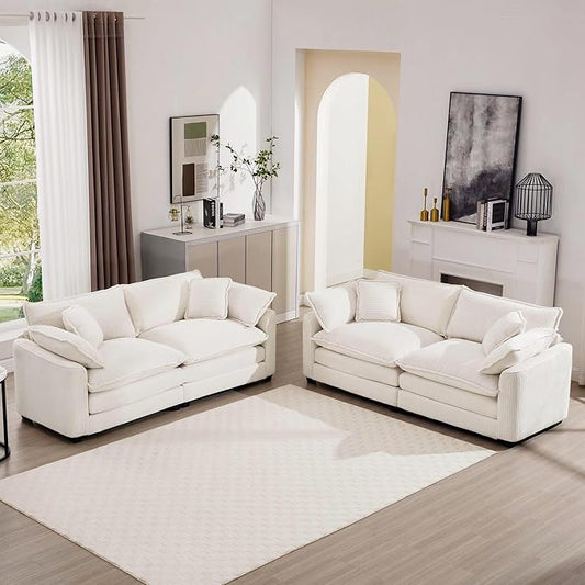 mikibama Luxury 2 Piece Sofa Set, 2 Pieces of Loveseat Couch, Modern Corduroy Comfy Cloud Couches Set for Living Room Office with 4 Armrest Pillows and 4 Toss Pillows, Beige