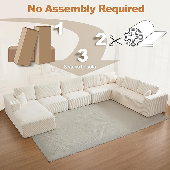 Modular Sectional Cloud Couch for Living Room,Modern Boneless Couche Set with Plush Corduroy,Comfy Floor Sofa with Memory Foam,Stupendous U Shaped Sofa with Chaise,No Assembly Required,Beige